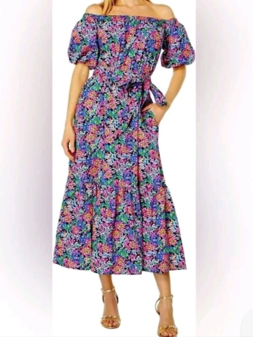 Lilly Pulitzer Vibrant Neon Floral Puff-Sleeve Maxi Dress - Size Medium
